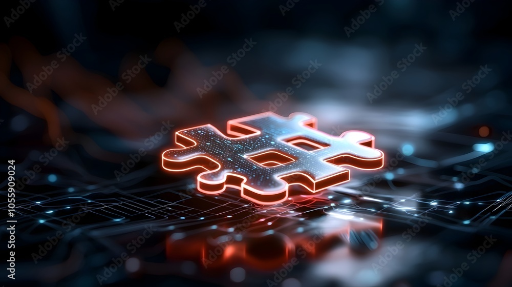 Aufkleber A futuristic digital art composition featuring a visually captivating puzzle design with glowing neon like pieces interlocking to form a dynamic high tech abstract image set against a dark
