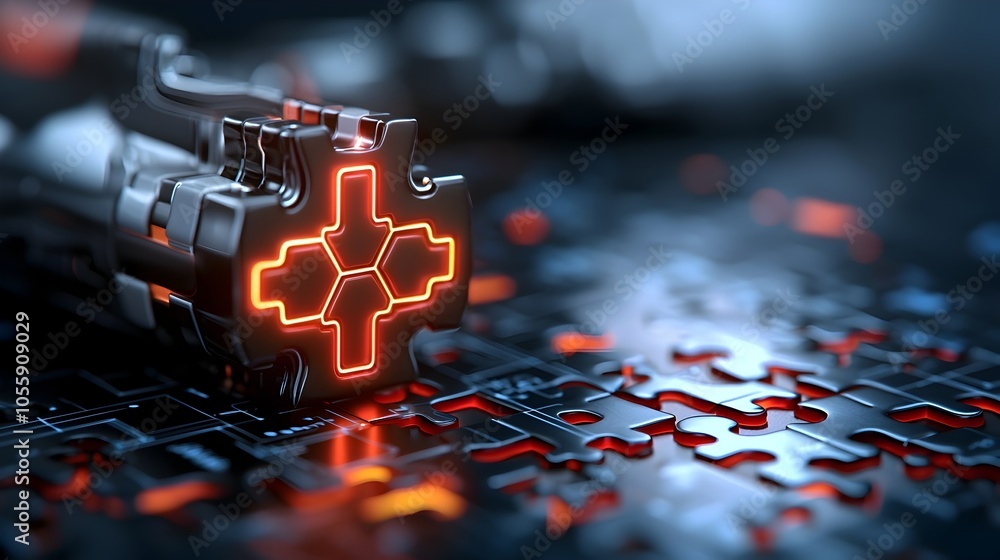Poster Futuristic puzzle design with glowing neon pieces interlocking to create a high tech abstract image set against a dark background  Showcasing a modern