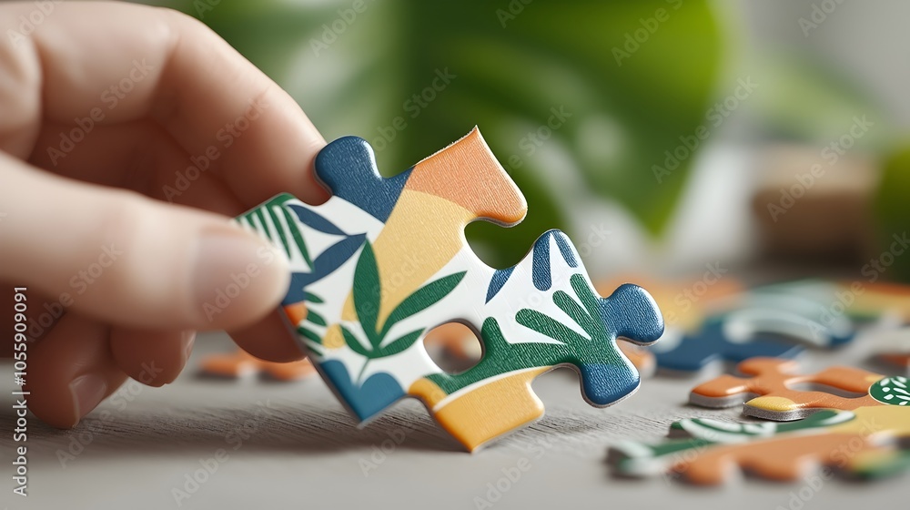 Poster Vibrant puzzle pieces in mid assembly each displaying a unique pattern coming together to form a cohesive and visually striking abstract composition
