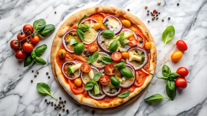 to view of veggie pizza on marble Background