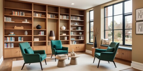 Modern home library, warm wood tones, floor-to-ceiling bookshelves, large windows, natural light, green velvet armchairs, round coffee table, minimalist desk, cozy reading nook, mid-century modern aes