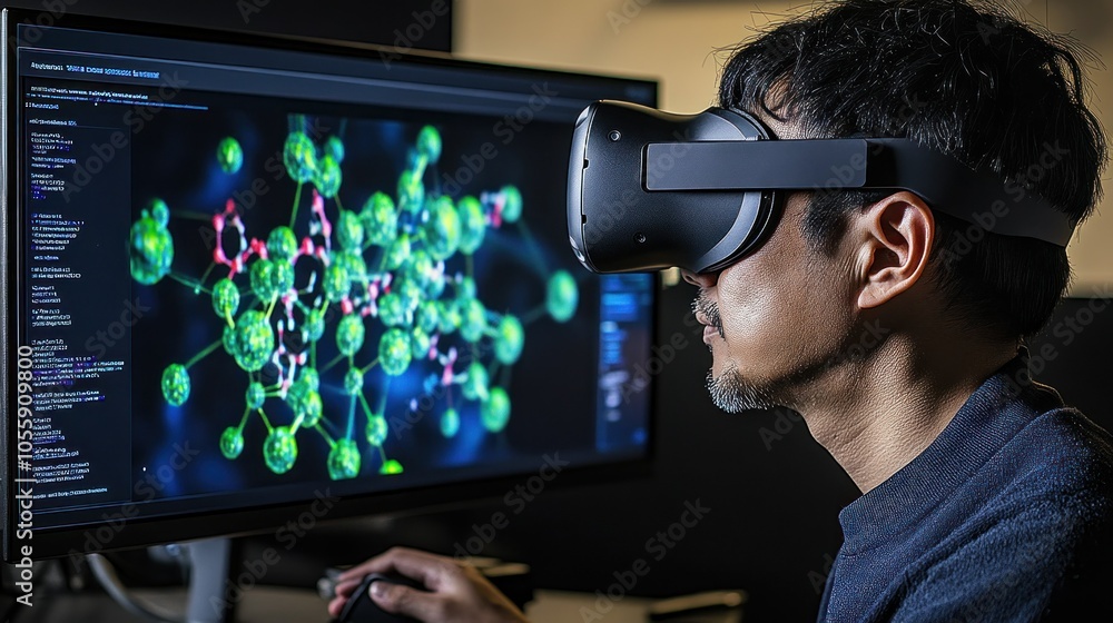 Poster Man wearing VR headset and looking at computer screen displaying data visualization