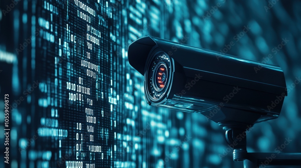 Poster surveillance camera focused against binary codes backdrop, highlighting security in a tech-driven wo