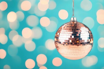 Disco ball hanging against a blue background with soft bokeh lights.