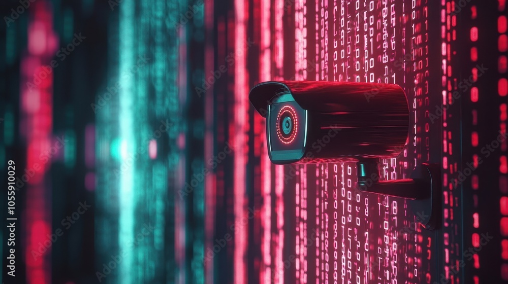 Poster surveillance camera watches over digital binary patterns, capturing high-tech security and data priv