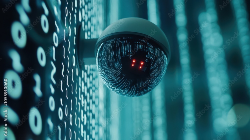 Poster surveillance camera watches over digital binary patterns, capturing high-tech security and data priv