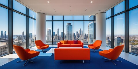 Modern office interior, panoramic city skyline view, floor-to-ceiling windows, colorful modular seating, bright red and blue furniture, open plan workspace, contemporary design, corporate environment,