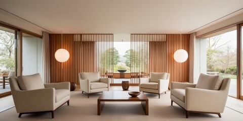 Fototapeta premium Modern minimalist living room, warm beige tones, vertical wood slat wall, sleek furniture, round pendant lights, large windows, natural light, coffee table, armchairs, cozy atmosphere, contemporary de