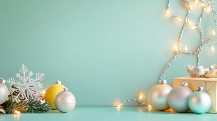 Festive holiday decorations featuring silver and gold ornaments, a snowflake, and Christmas lights on a mint green background