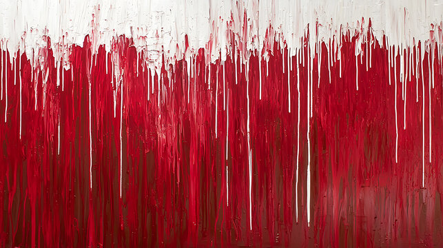 Abstract red and white paint drips on canvas