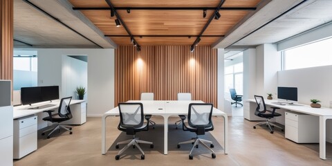 Modern office interior, open plan workspace, exposed ceiling beams, wooden wall panels, white desks, ergonomic chairs, large windows, city view, minimalist design, natural light, sleek furniture, indu
