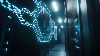 A secure server room with a blockchain graphic overlay, emphasizing the concept of record security in a futuristic digital environment