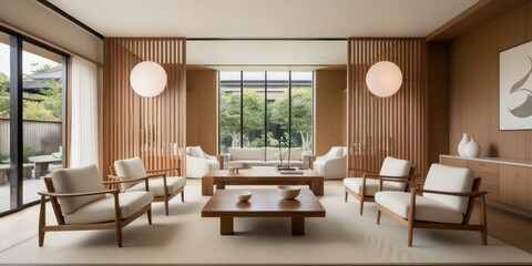 Fototapeta premium Modern minimalist living room, warm beige tones, vertical wood slat wall, sleek furniture, round pendant lights, large windows, natural light, coffee table, armchairs, cozy atmosphere, contemporary de