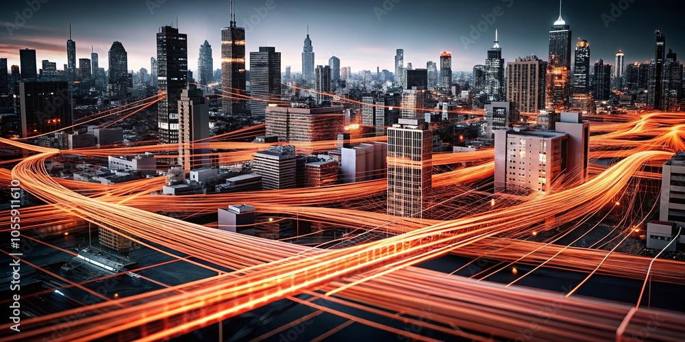 Poster peach digital threads on black canvas showcasing logistic operations for urban exploration photograp