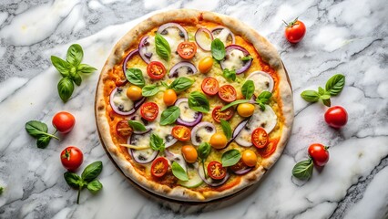 to view of veggie pizza on marble Background