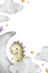Green baby dinosaur sitting on Crescent moon, clouds, stars. Isolated hand drawn Watercolor frame. Background of Tyrannosaurus rex dinos for children's room, kid's goods, posters, baby shower cards