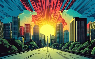 comic book style cartoon illustration of cityscape with sun and clouds in the sky
