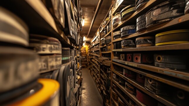 Vintage film reels stacked on dusty shelves, dim lighting creating an atmosphere of nostalgia and cinematic history.