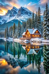 Fototapeta premium Beautiful view of Lake with snow covered and wooden lodge glowing in rocky mountains and pine forest on winter