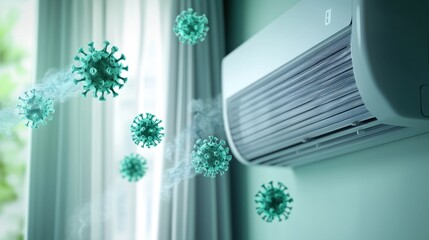 Viruses illustrated in airflow from an AC unit, focusing on air contamination themes in a well-lit room