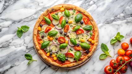 to view of veggie pizza on marble Background