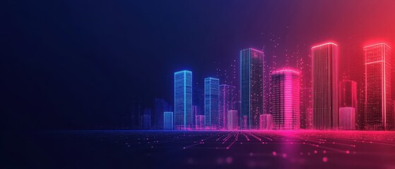 Digital Cityscape,  Neon Lights Illuminate a Network of Connected Towers