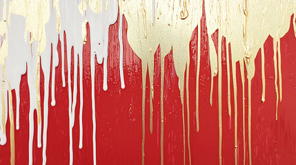 Abstract dripping paint art with red, white, and gold hues