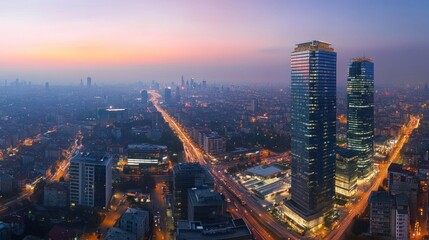 Obraz premium Aerial View of a Cityscape at Dusk with Two Skyscrapers