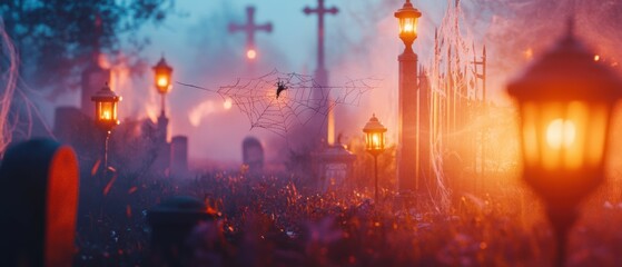 Fototapeta premium Eerie serenity a foggy cemetery illuminated by lanterns and spider webs