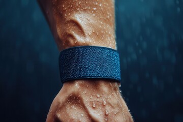 A close-up of a wet, muscular forearm wearing a textured blue wristband, showcasing water droplets and highlighting strength and endurance.