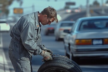 Fototapeta premium A mechanic changes the flat tire of a car on the highway. a man changing a wheel. Tire changing tire repair car service shop background banner