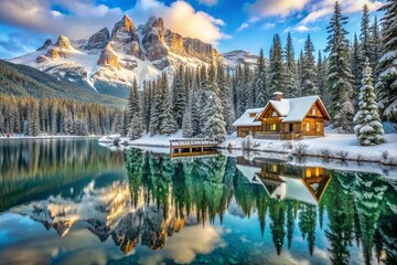Beautiful view of Lake with snow covered and wooden lodge glowing in rocky mountains and pine forest on winter