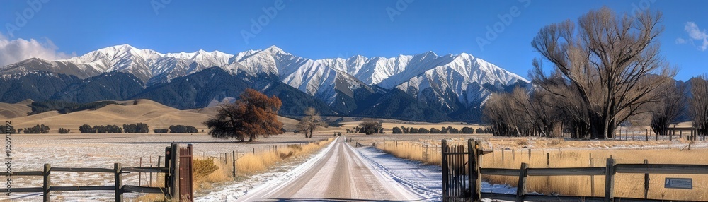 Poster a road with a gate in front of it and mountains in the background