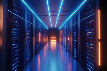 Neon-lit Server Corridor in Modern Data Center