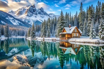 Fototapeta premium Beautiful view of Lake with snow covered and wooden lodge glowing in rocky mountains and pine forest on winter