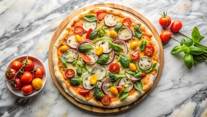 to view of veggie pizza on marble Background