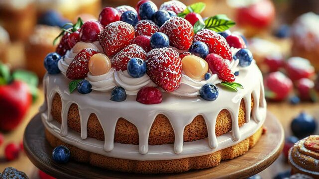 A beautifully decorated cake topped with fresh berries and cream, perfect for celebrations.