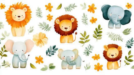 Cute watercolor animals featuring lions and elephants surrounded by flowers and leaves, perfect for children decor or illustrations