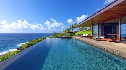Fototapeta premium Luxury architecture, ocean front property landscape. Modern minimalist design with infinity pool, sleek contemporary designer furniture, panoramic coastal view background. vacation home or hotel