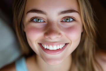 Obraz premium Close-up of young woman smiling, flawless white teeth, natural lighting, joyful expression