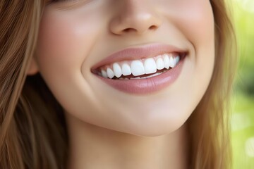 Obraz premium Close-up of young woman with glowing smile, white teeth, fresh outdoor background