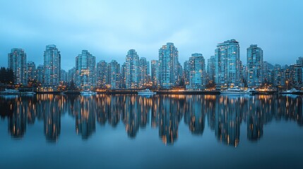 Fototapeta premium Cityscape with Reflection of Skyscrapers in Calm Water at Dusk