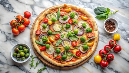 to view of veggie pizza on marble Background