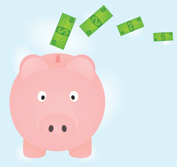 Money fly to piggybank. vector illustration