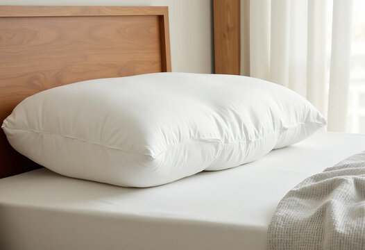 White orthopedic pillow on a neatly made bed with wooden headboard, set in a cozy bedroom with natural light through sheer curtains, ideal for sleep comfort and healthy neck