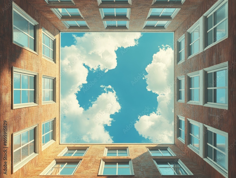 Poster building walls with windows and sky with clouds of depth and height