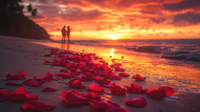 A romantic sunset proposal on a secluded beach with rose petals leading to the spot where the couple stands. The soft colors of the sky and the intimate setting add a magical feel to this life-changin