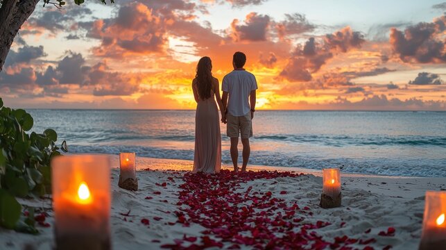 A romantic sunset proposal on a secluded beach with rose petals leading to the spot where the couple stands. The soft colors of the sky and the intimate setting add a magical feel to this life-changin