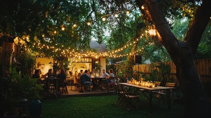 A small backyard wedding reception, with fairy lights strung across trees, rustic wooden tables, and a live band playing soft music. Guests are mingling and enjoying the relaxed and intimate 