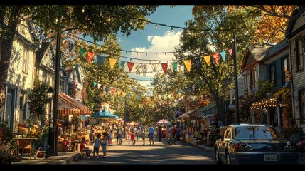 A small neighborhood block party with families gathered on a sunny street, kids playing games, and adults chatting by food stalls. String lights and colorful bunting are hung between trees, 